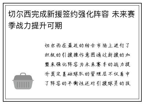 切尔西完成新援签约强化阵容 未来赛季战力提升可期